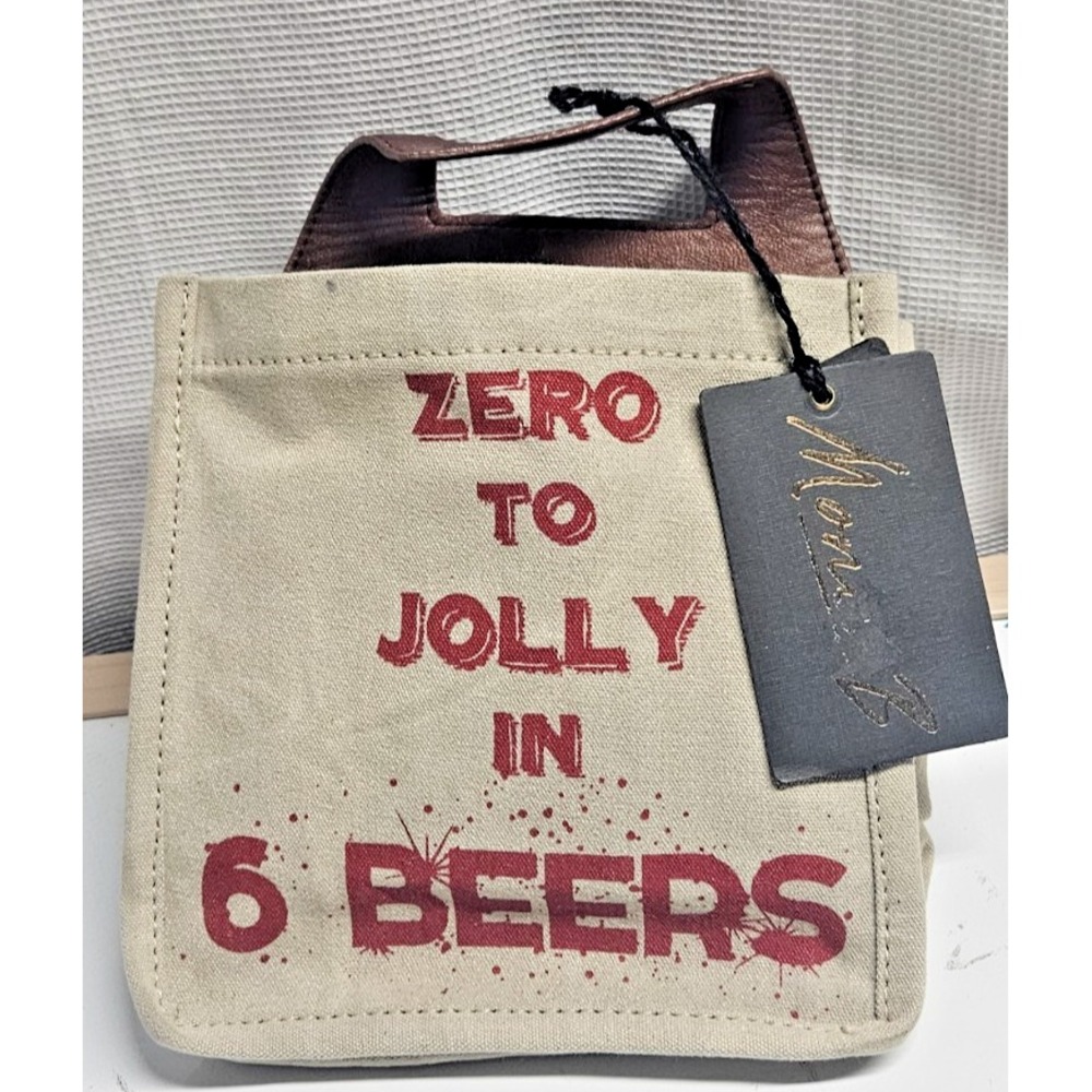 NWT Mona B upcycled canvas beer caddy " zero to Jolly in 6 beers " leather